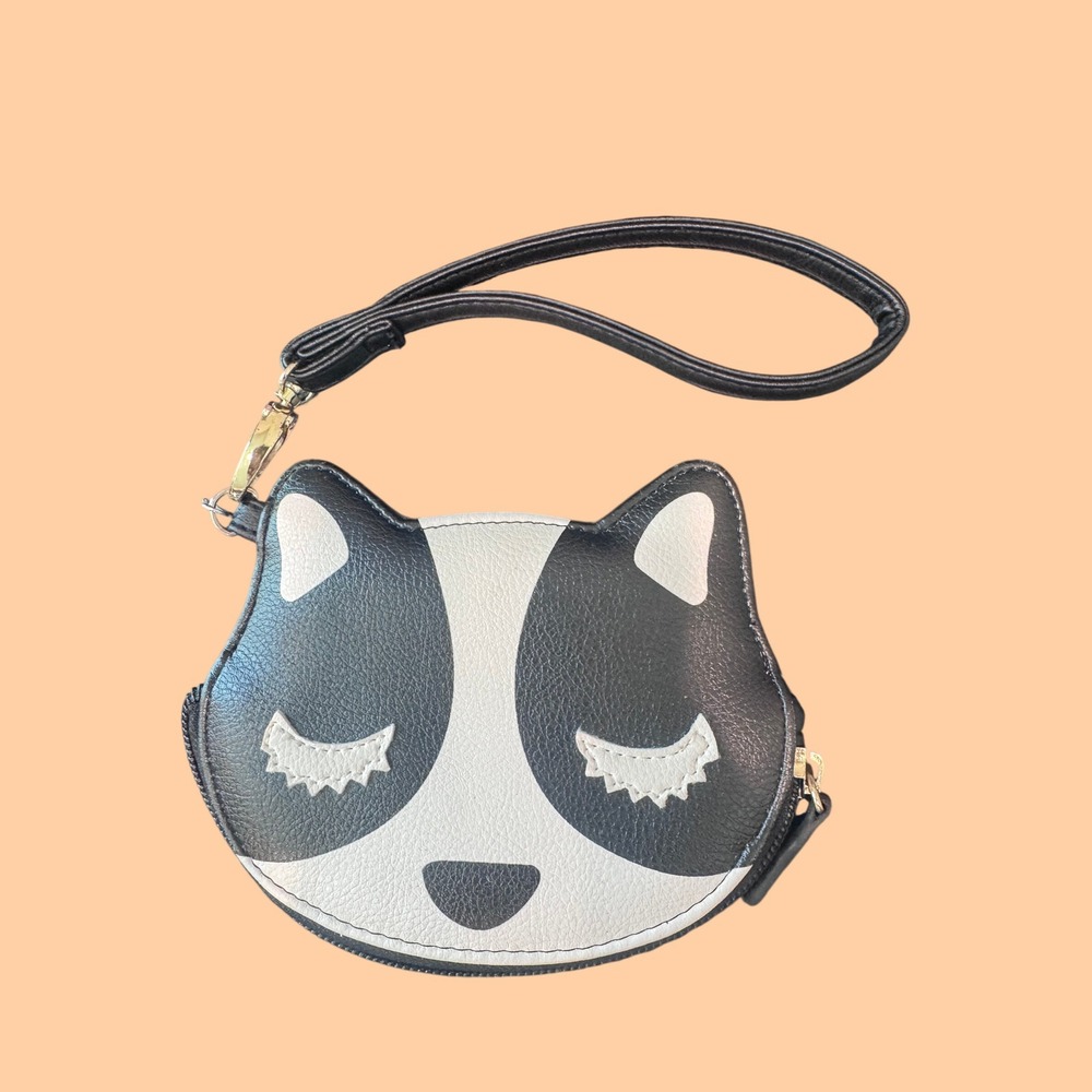 Luv Betsey Johnson Panda Face Wristlet Pouch OS Black White Embroidered Eye